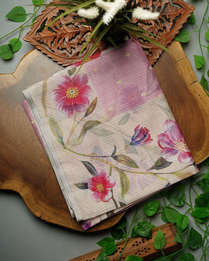 Kota Silk Saree with Thread Work Butties and Floral Border- Pink