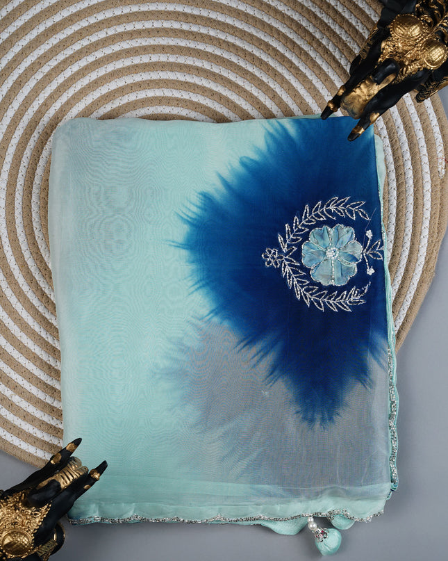 Russian Silk saree with Kardhana and applique Work with Scallop Border - Blue