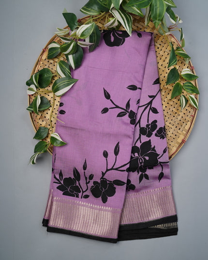 Muslin Silk Digital Print With Golden Zari Border -  Onion Pink