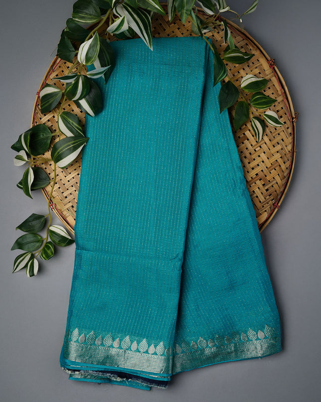 Korean Crepe Saree with Golden Zari Border- Tiffany Blue