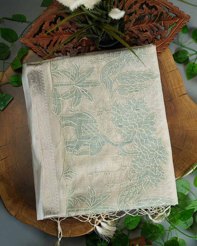 Kota Silk Saree with Mirror Work Applique and Silver Border- Cream Sage Green