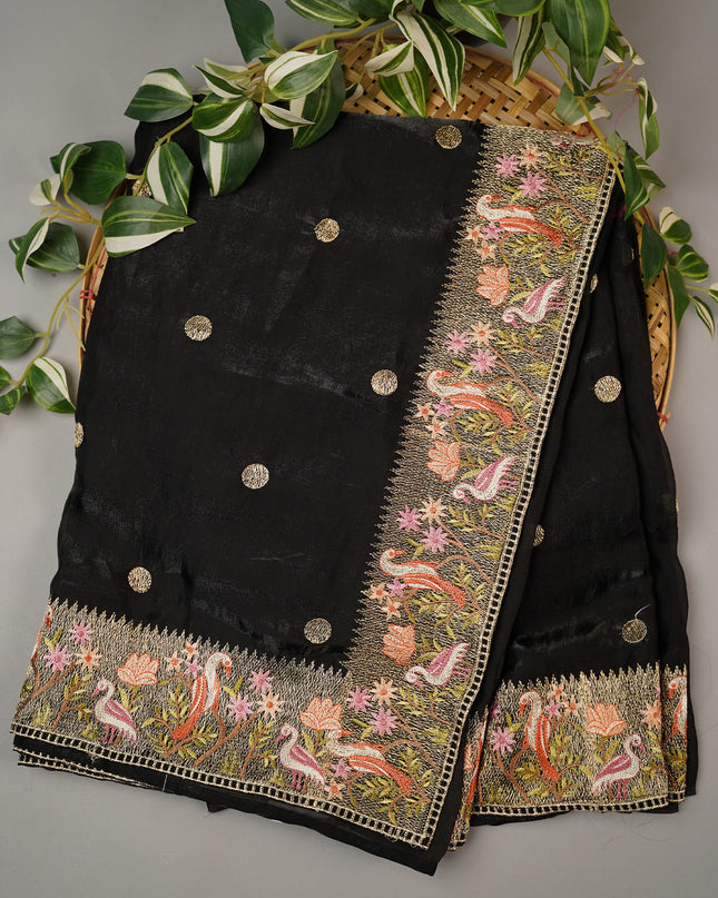 Soft Velvet Saree With Thread Embroidery Border - Black