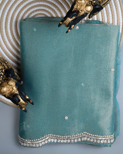 Soft tissue organza saree with sequence butties and scallop border - Muted Blue