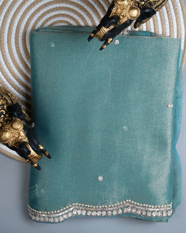 Soft tissue organza saree with sequence butties and scallop border - Muted Blue