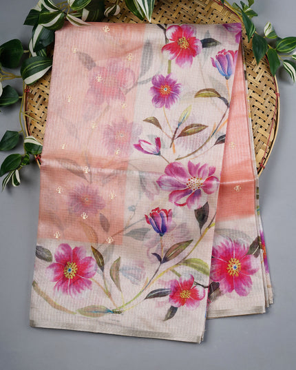 Kota Silk Saree With Thread Work Butties Floral Border - Peach