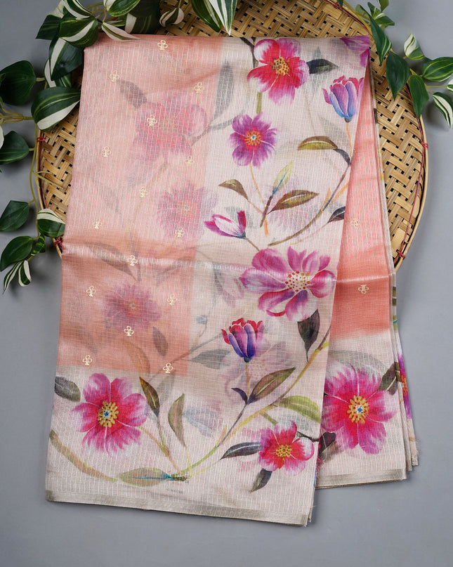 Kota Silk Saree With Thread Work Butties Floral Border - Peach
