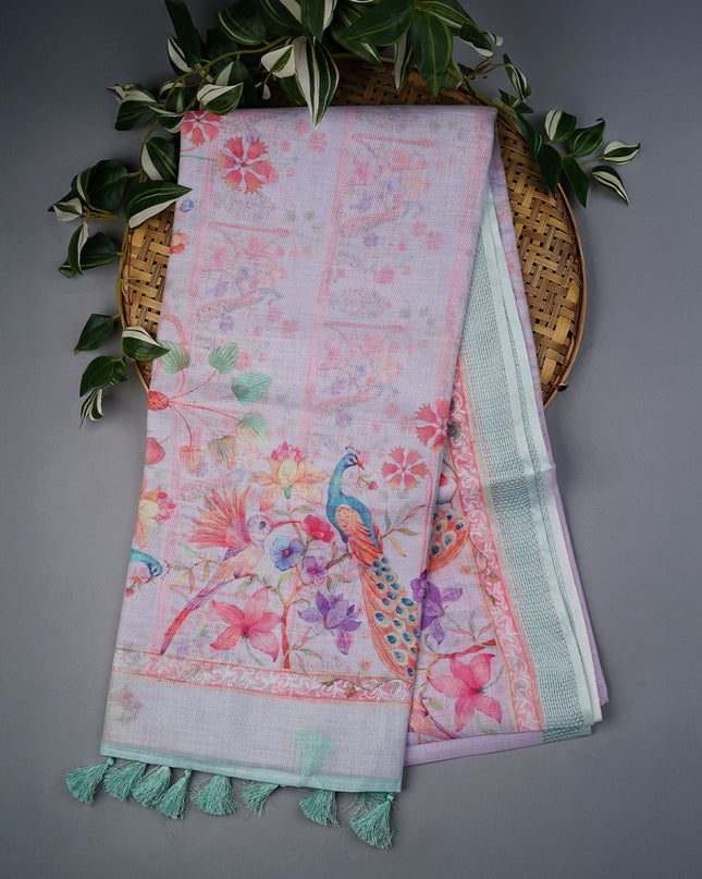 Linen Tissue Saree With Floral Print - BABY PINK