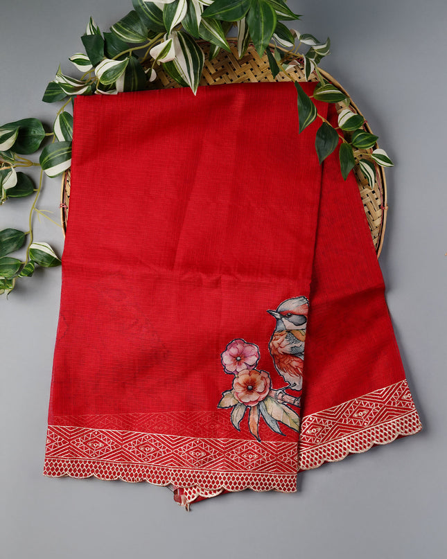 Kota Silk Saree with Applique Work and Scallop Border with Thread Work- Red