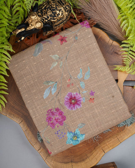 Lenin Silk saree with Floral Pallu and Silver Zari Border- Brown