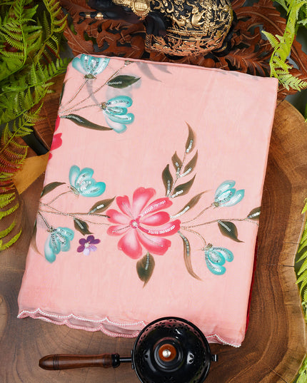 Italian Crape Saree with Floral Print and Kardhana  Pearl Work With Scallop Border- Peach