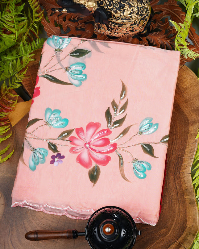 Italian Crape Saree with Floral Print and Kardhana  Pearl Work With Scallop Border- Peach