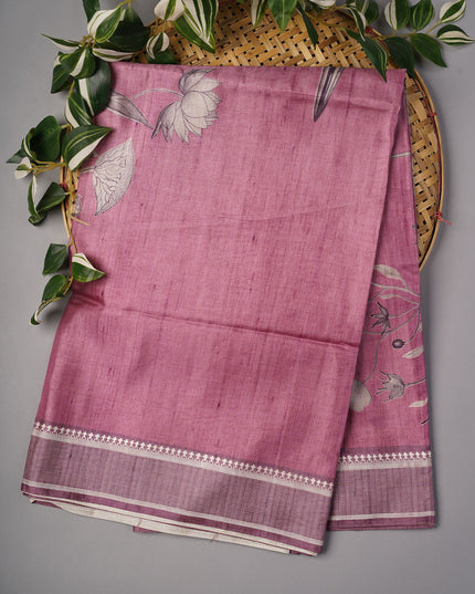 Tissue Silk With Digital Print & Thread Border - Magenta