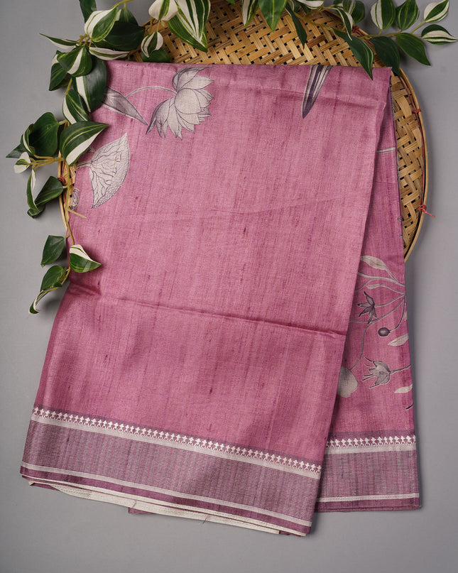 Tissue Silk With Digital Print & Thread Border - Magenta