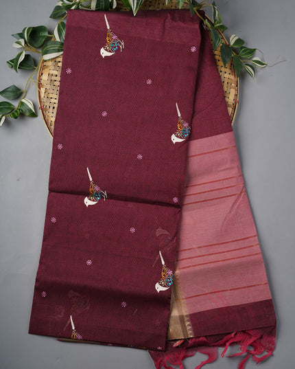 Handloom Cotton Thread Embroidery Butties Gold Zari Border- Onion Pink