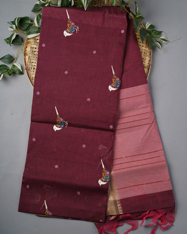 Handloom Cotton Thread Embroidery Butties Gold Zari Border- Onion Pink