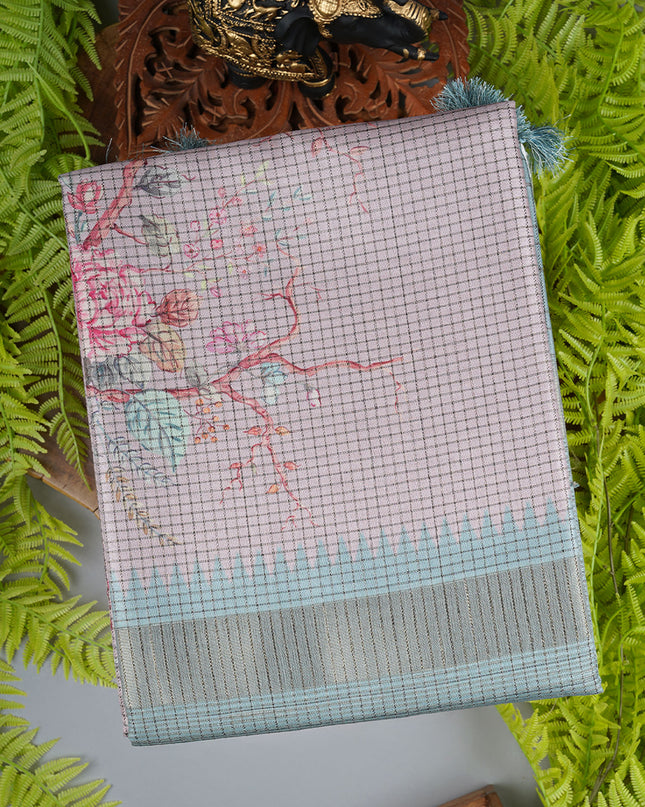 Tusser saree weaving checks floral print with golden border - Onion Pink