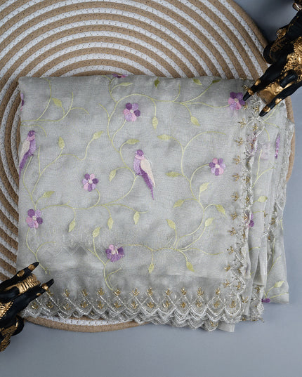 Tissue Georgette saree with thread Embroidered work and scallop border - Grey