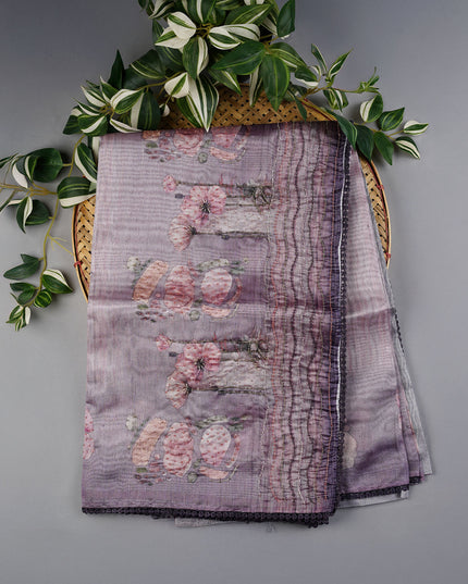Tissue Lenin Saree with Floral Print and Kardana Work and Lace Border- Light Purple