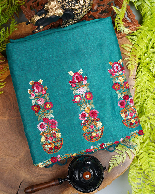 Linen Saree with Kantha Work & Golden Zari Border- Rama Green