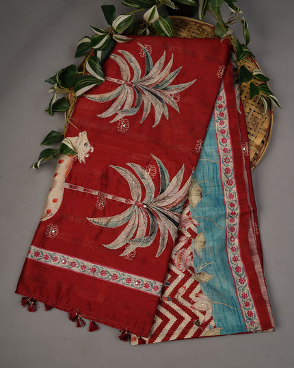 Tusser Silk Allover Mirror With Ari Work - Maroon