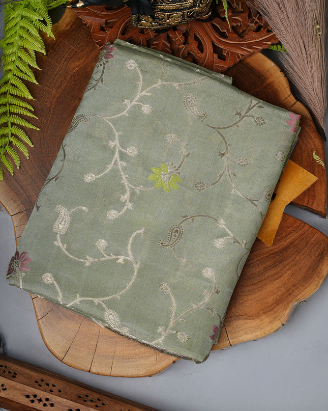 Banaras Silk Saree with Allover Meenakari Weaving and Gold Border- Sage Green