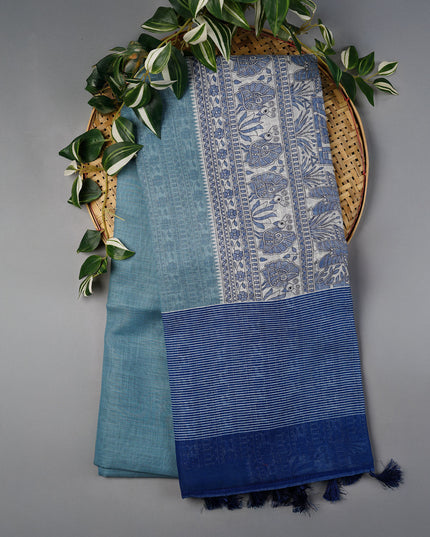 Lenin Silk Saree with Madhubani Print with Contrast Border- Blue