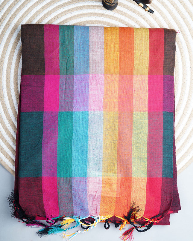 Mulcotton saree with multicolored check pattern - Maroon