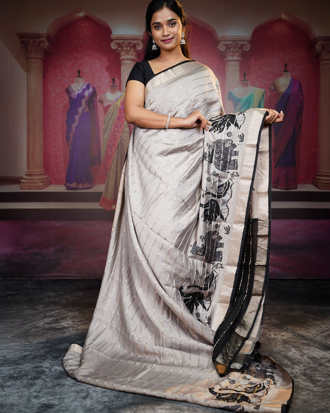 Munga Silk Saree With Digital Print Golden Zari Border - Grey