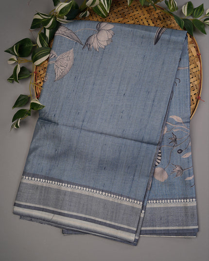 Tusser Silk With Digital Print Thread Border - Grey