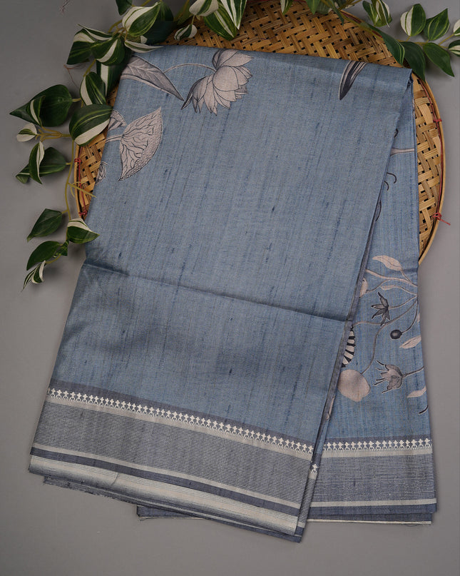 Tusser Silk With Digital Print Thread Border - Grey
