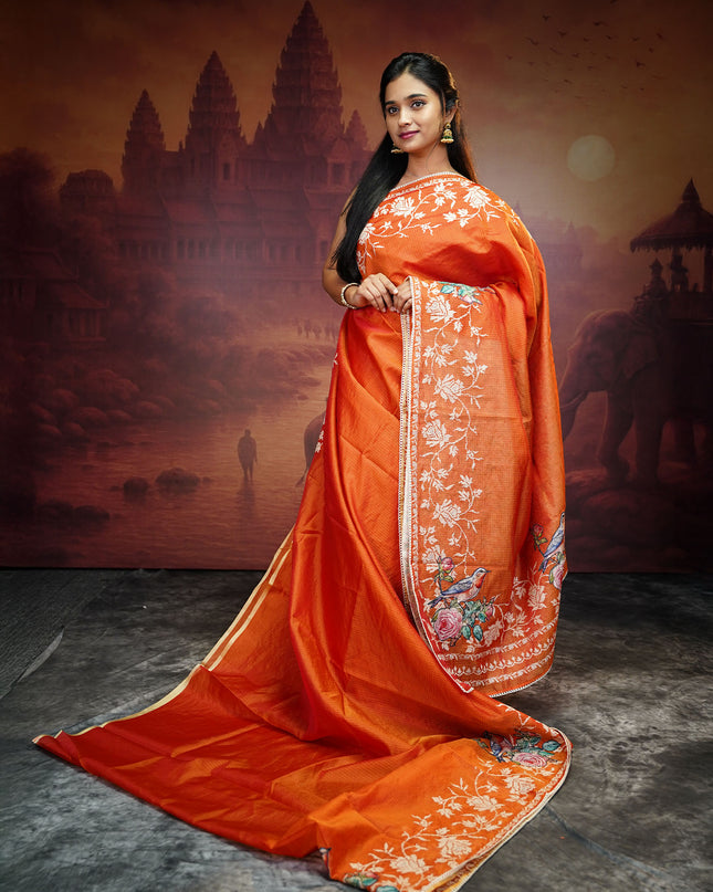 Silk Kota Saree With Applique And Thread Work With Lace Border - Rust