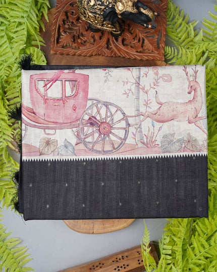 Tusser silk saree with digital print zari border - Black