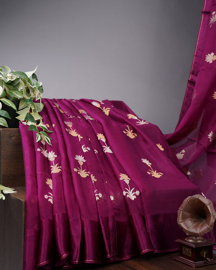 Soft Organza Silk with Gold & Silver Zari Floral Weaving Buties with Satin Border