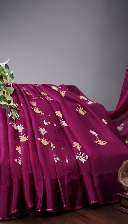 Soft Organza Silk with Gold & Silver Zari Floral Weaving Buties with Satin Border