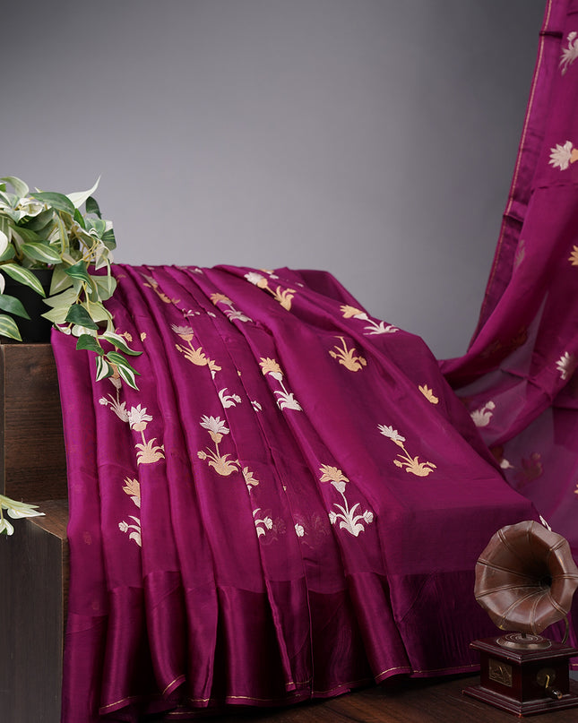 Soft Organza Silk with Gold & Silver Zari Floral Weaving Buties with Satin Border