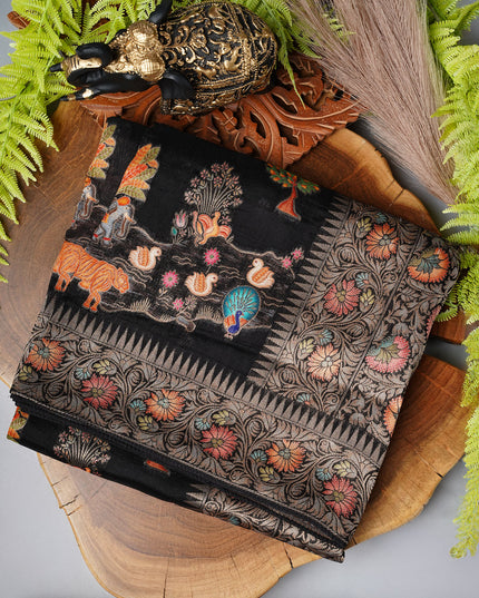 Banaras Silk Saree Shikari With Meenakari Border- Black
