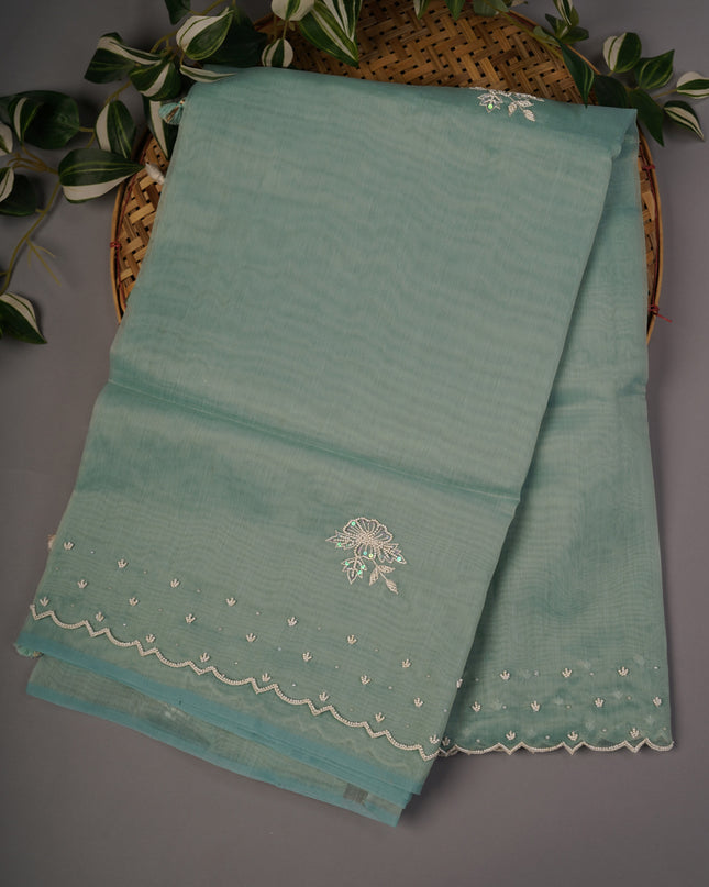 Jute Linen Tissue Pearl Work Buttis With Border - Mint Blue
