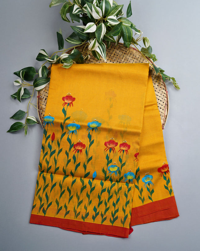 Mangalagiri Silk Saree With Hand Painting - Yellow