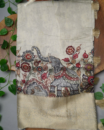 Banaras Silk Saree Kalankari Border and Sequence Kardhana Work- Half White