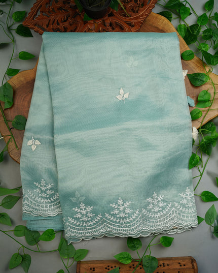 Tissue Lenin Saree with Pull and Kardhana Work Scallop Border with Thread Work-Mint Blue