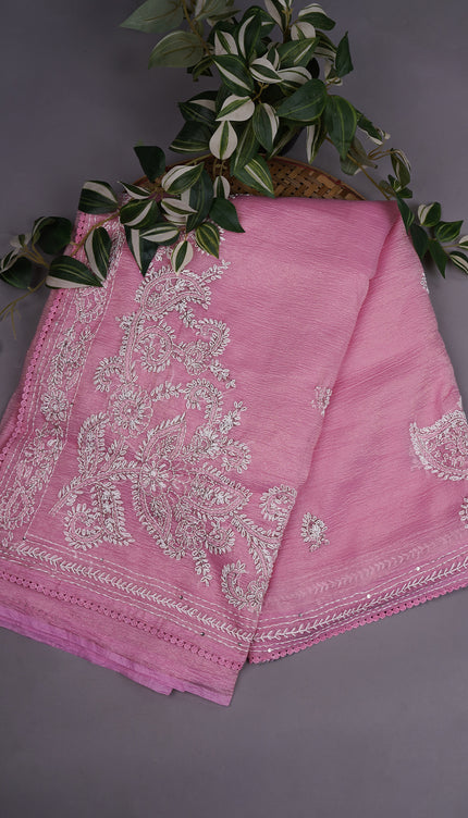 Crush Organza With Kantha Work & Lace Border - Pink