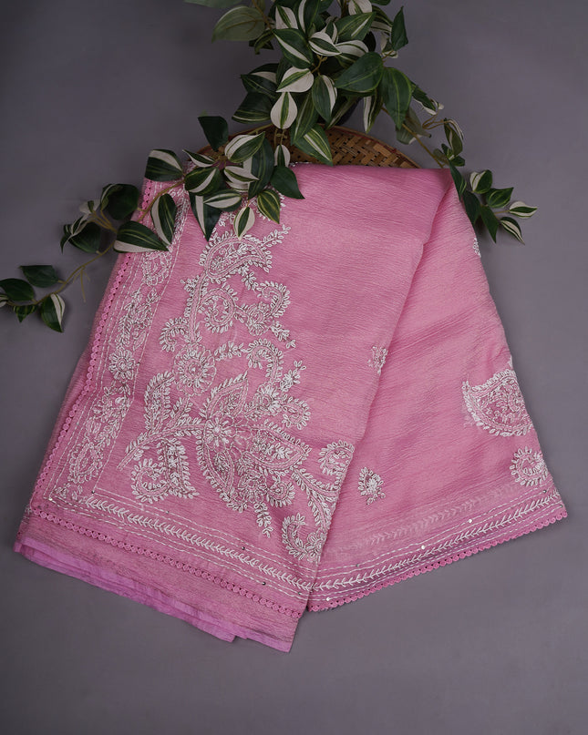 Crush Organza With Kantha Work & Lace Border - Pink