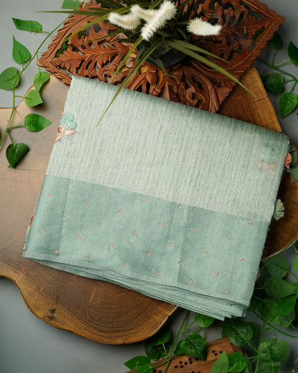 Jute Tusser Knot Work Butties With Satin Border- Sea Green