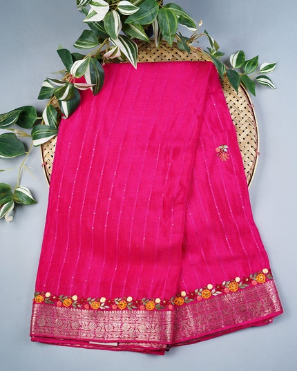 Wrinkle Crepe with Thread Embroidery Work Border- Pink