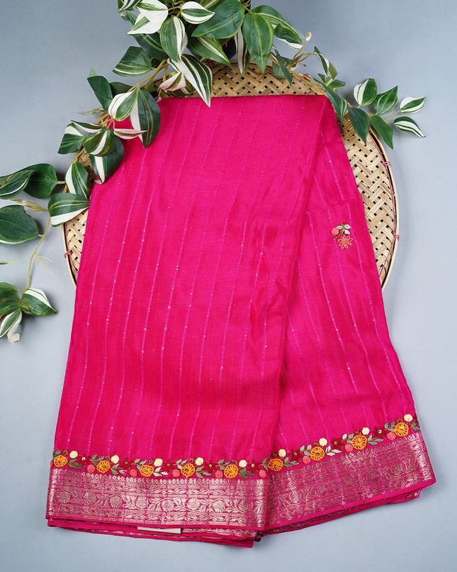 Wrinkle Crepe with Thread Embroidery Work Border- Pink