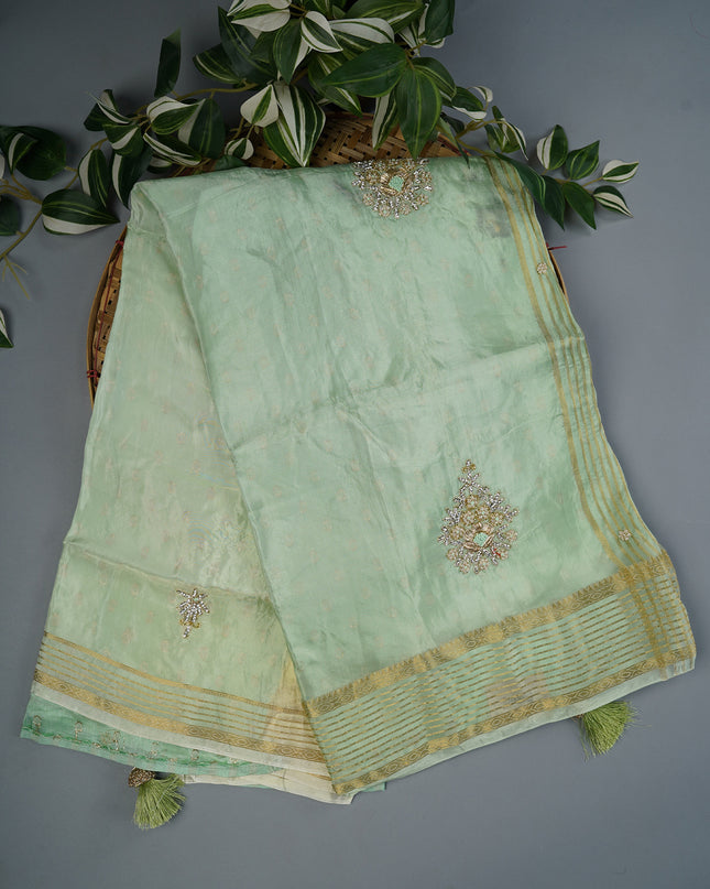Russian Crape with Embroidery Buttis Banaras Border - Sea Green