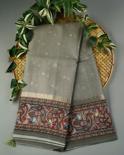 Tissue Kota Saree with Gold Butties and Contrast Floral Print Border- Sage Green