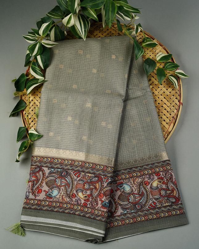Tissue Kota Saree with Gold Butties and Contrast Floral Print Border- Sage Green