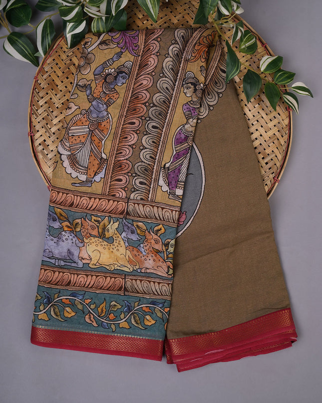 Muslin Silk with Kalamkari Print Contrast Border - Mehndi