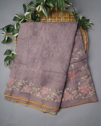 Tissue Linen Saree With Floral Print And Ari Work - Onion Pink
